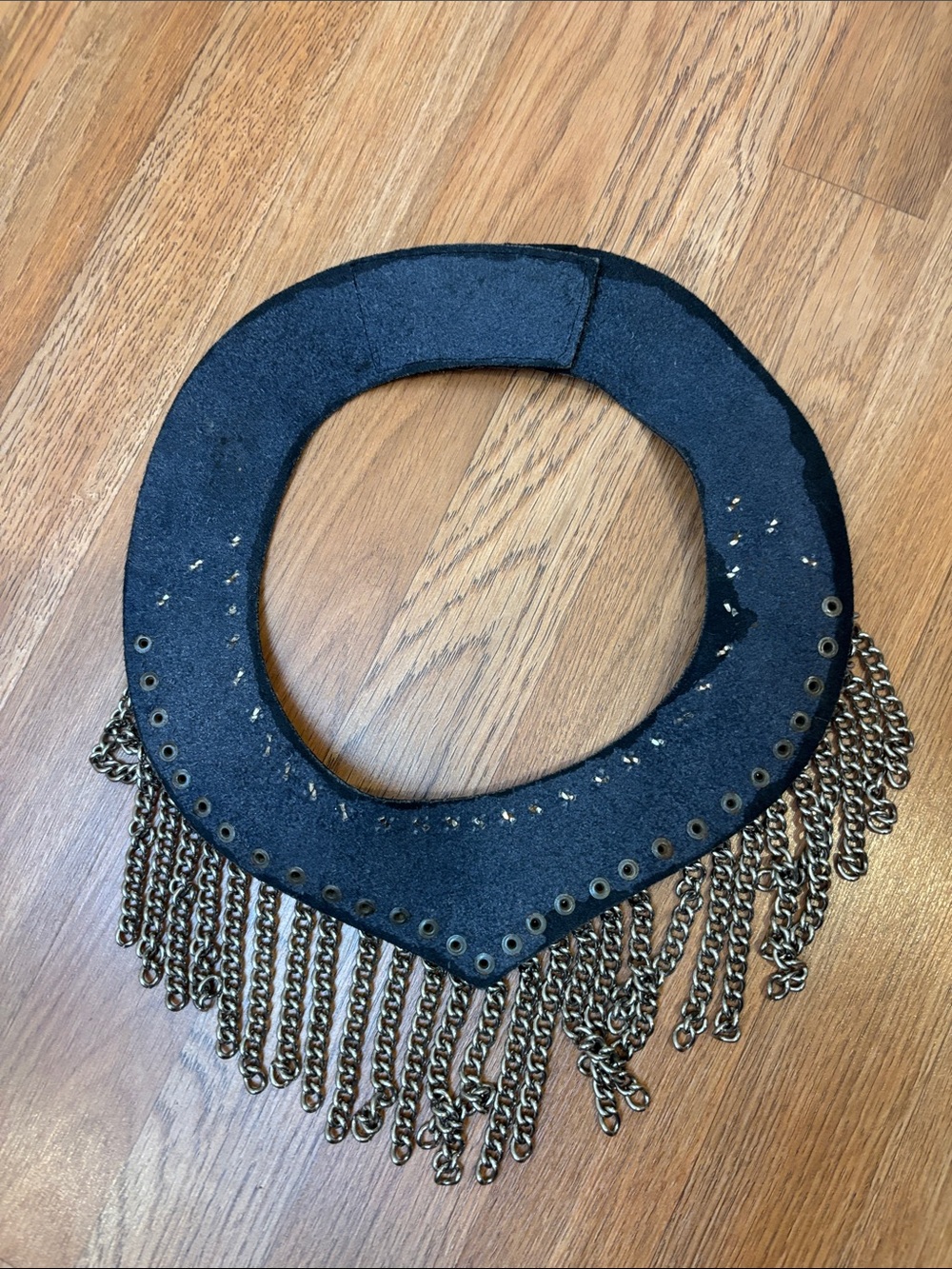Studded Black Faux Leather Fringe Collar Necklace with Silver Chains - Picture 8 of 10